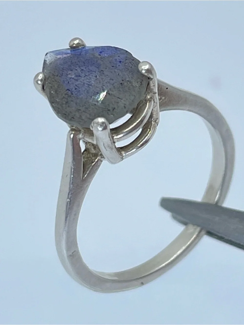 925 Sterling Silver Labradorite Tear Drop Ring Blue Flash Solitaire Sz 4.5